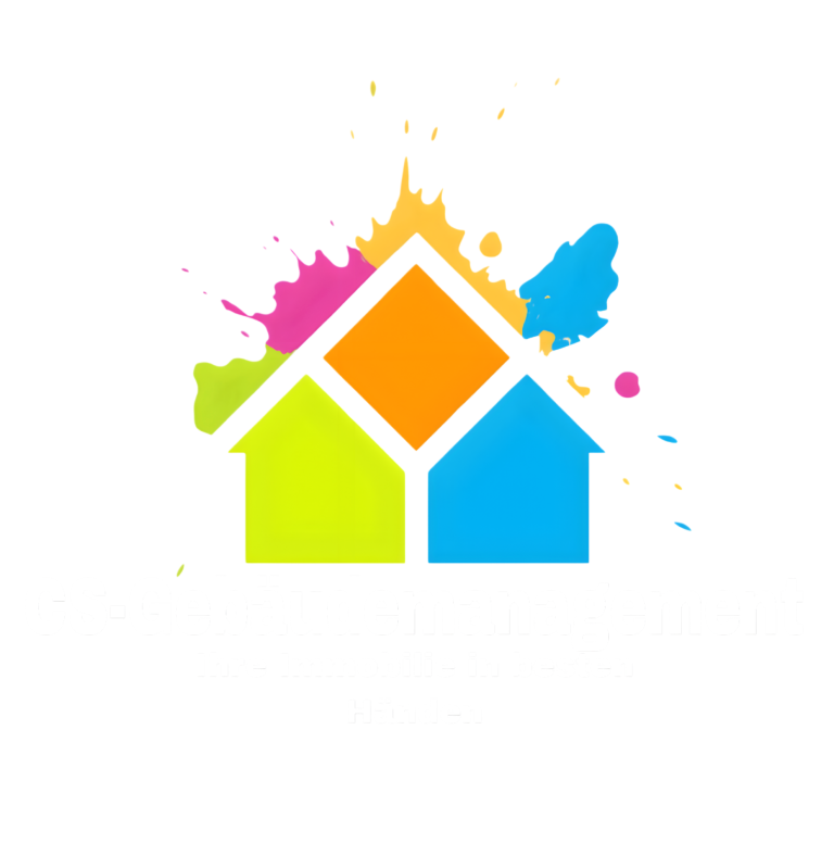 CS-Gebäudemanagement Logo Bunte Haus-Silhouetten mit spritzigen Farbakzenten.